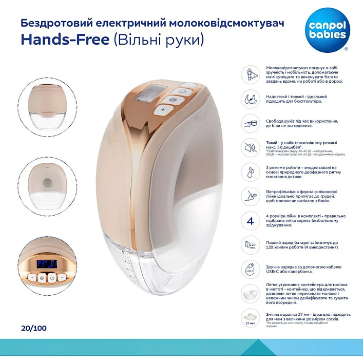 Молоковідсмоктувач Canpol babies Бездротовий електричний Hands-Free (Вільні руки) (20/100)