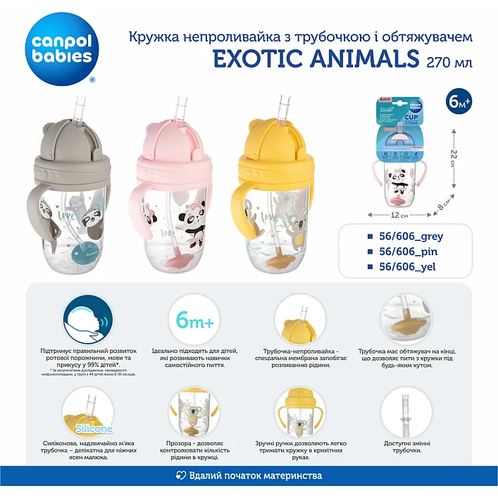 Поїльник-непроливайка Canpol babies Exotic Animals з трубочкою і обтяжувачем 270 мл Сіра (56/606_grey)
