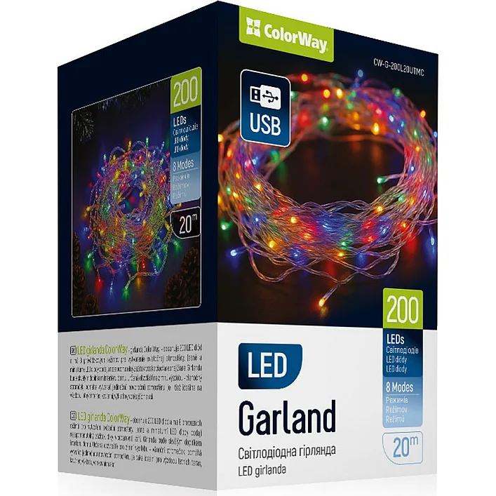 Гірлянда ColorWay LED 200 20 м (8 режимів) різнокольорова (прозорий кабель) USB (CW-G-200L20UTMC)