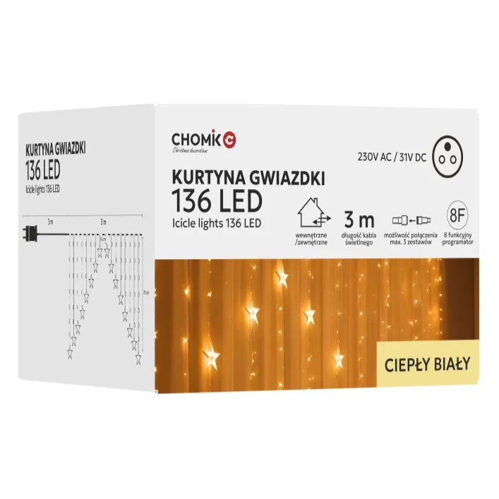 Гірлянда Chomik Штора зірки 136 LED теплий білий, 3 м, від мережі (5900779880030)