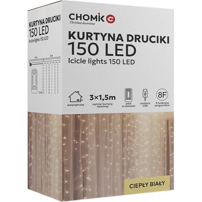 Гірлянда Chomik Штора" 150 LED теплий білий, 3x1,5 м, USB, з пультом, IP20, від мережі (5900779898479)