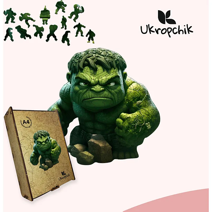 Пазл Ukropchik деревянный Супергерой Халк size - M в коробке с набором-рамкой (Hulk Superhero A4)