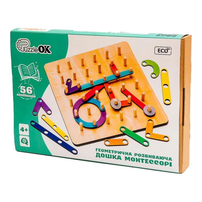 Деревянная "Геометрическая Развивающая Доска" 56 комбинаций Puz-27260 PuzzleOk (Дер9207)