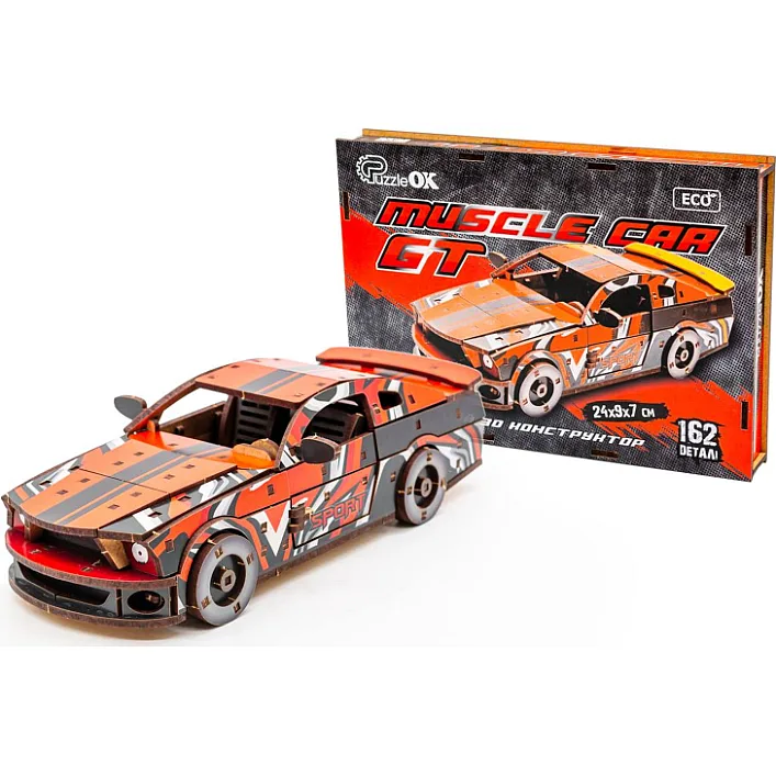Деревянный 3D конструктор "Muscle Car" Puz-00641 162 дет., красный цвет р. модели 24*9*7 см PuzzleOk (Дер1764)