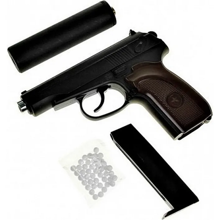 Іграшковий пістолет на кульках "Пістолет Макарова" Galaxy G29A з імітацією глушника метал чорний