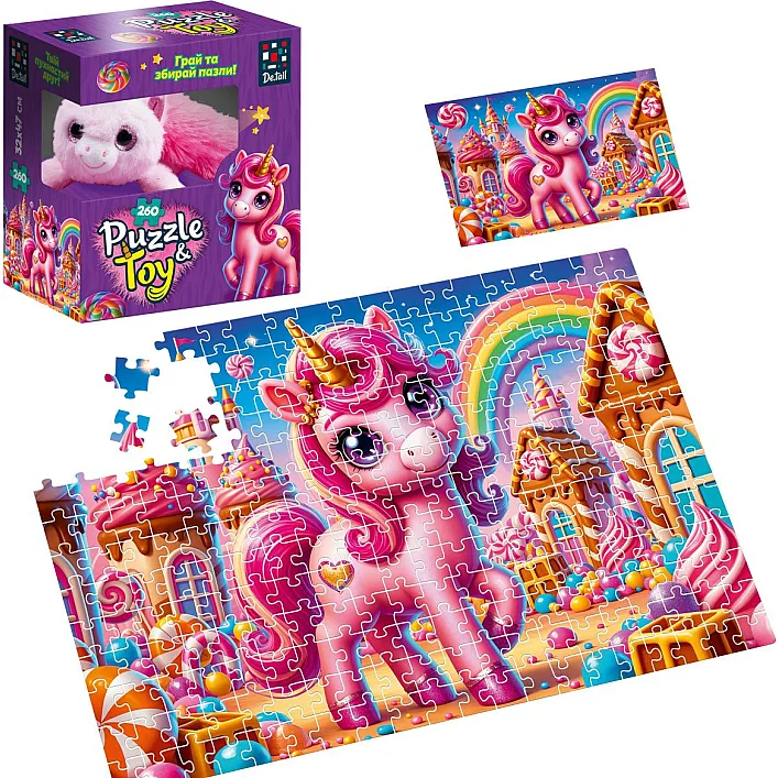Пазлы с мягкой игрушкой "De.tail. Розовый единорог" 260 деталей
