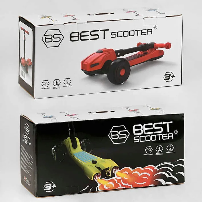 Самокат трехколесный LT-12857 Best Scooter с парогенератором (6) складной руль, ЗВУК МАШИНЫ, ДЫМ, СВЕТ, пластмассовый, колеса PU 120х35мм, в коробке