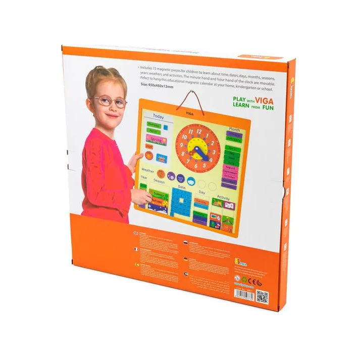 Магнитный календарь Viga Toys с часами на английском языке (50377)