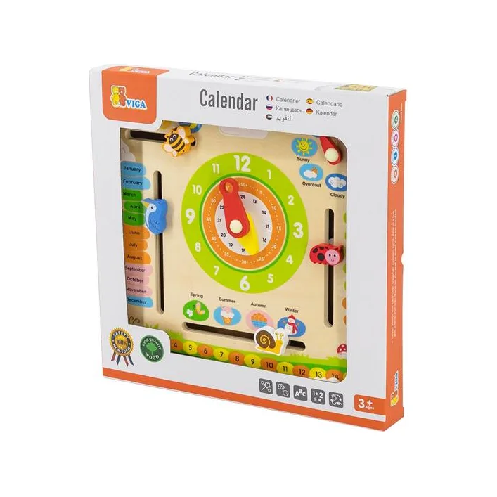 Деревянный календарь Viga Toys с часами англ. язык (44538)