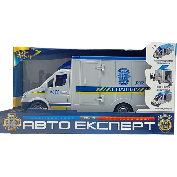 Машинка ТК-73429 (24) "Авто Эксперт", "Полиция", ОСВУЧЕНИЕ УКРАИНСКИМ ЯЗЫКОМ, инерция, звук, подсветка, стихи, песни, звук сирены, двери и крыша открываются, в коробке