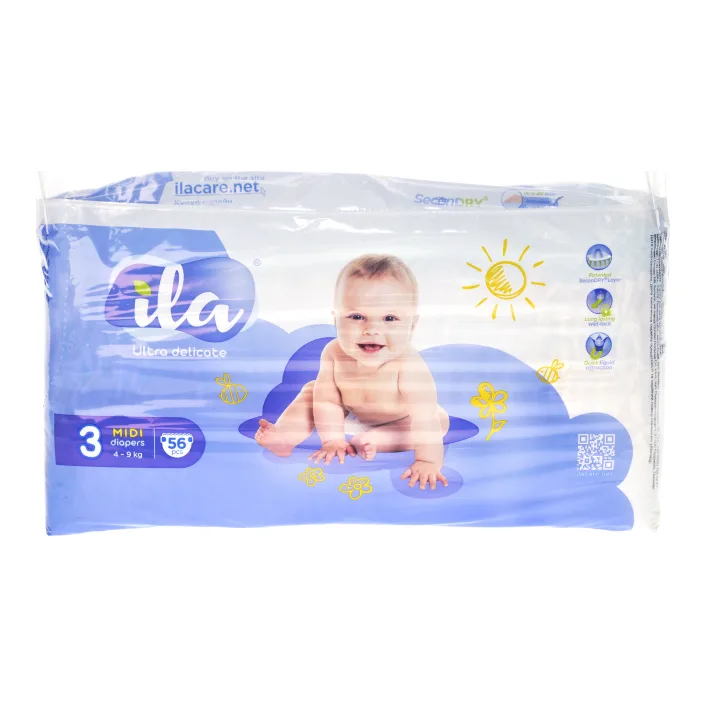 Подгузники ILA Ultra delicate "3 MIDI 4-9кг, 56шт в уп (Пол2984)