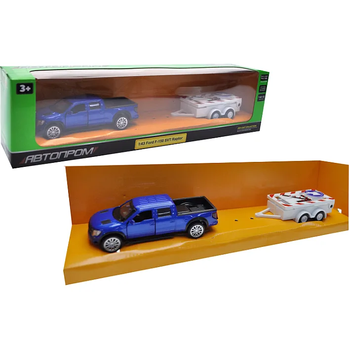Машина с прицепом металлическая АВТОПРОМ 43005TR 1:43 Ford F-150, откр. дверь, в короб. р. 28*8*6,5 см (Маш8496)