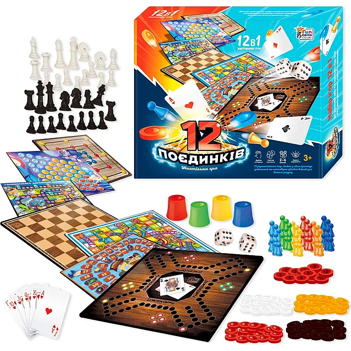 Игра 12 Поединков 92918 (12/2) "4FUN Game Club", игровые поля, фишки, карты, шахматы, шашки, кубик, в коробке