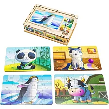 Деревянный пазл 4 в 1 "Животные" 15 элем. в рисунке Puz-10369 PuzzleOK (Дер6979)