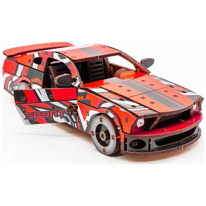 Деревянный 3D конструктор "Muscle Car" Puz-00641 162 дет., красный цвет р. модели 24*9*7 см PuzzleOk (Дер1764)
