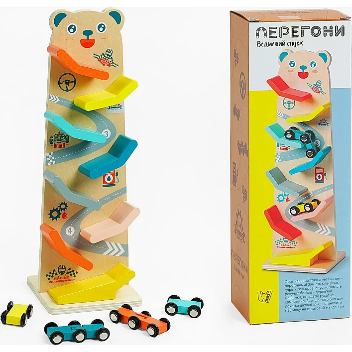 Трек C 61463(24) "WToys", 8 спусков, 4 машинки, деревянный, в коробке