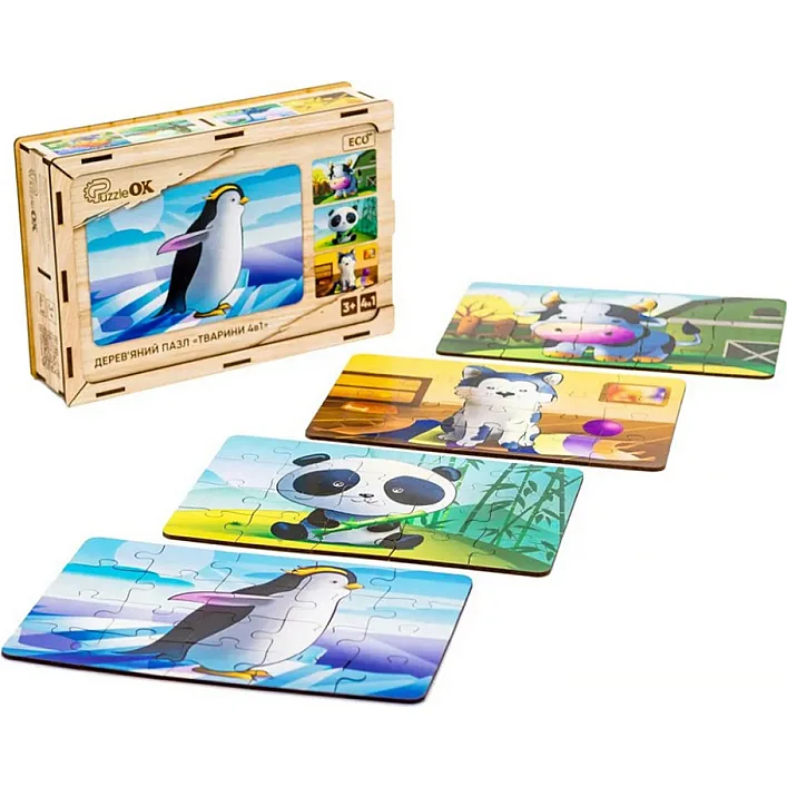 Деревянный пазл 4 в 1 "Животные" 15 элем. в рисунке Puz-10369 PuzzleOK (Дер6979)