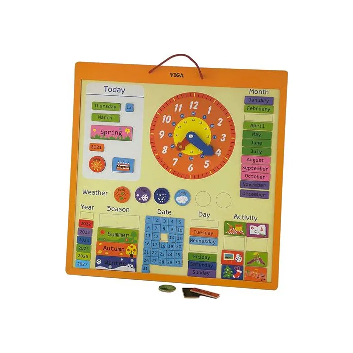 Магнитный календарь Viga Toys с часами на английском языке (50377)