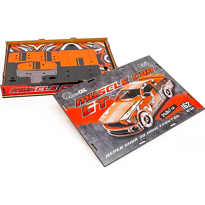 Деревянный 3D конструктор "Muscle Car" Puz-00641 162 дет., красный цвет р. модели 24*9*7 см PuzzleOk (Дер1764)