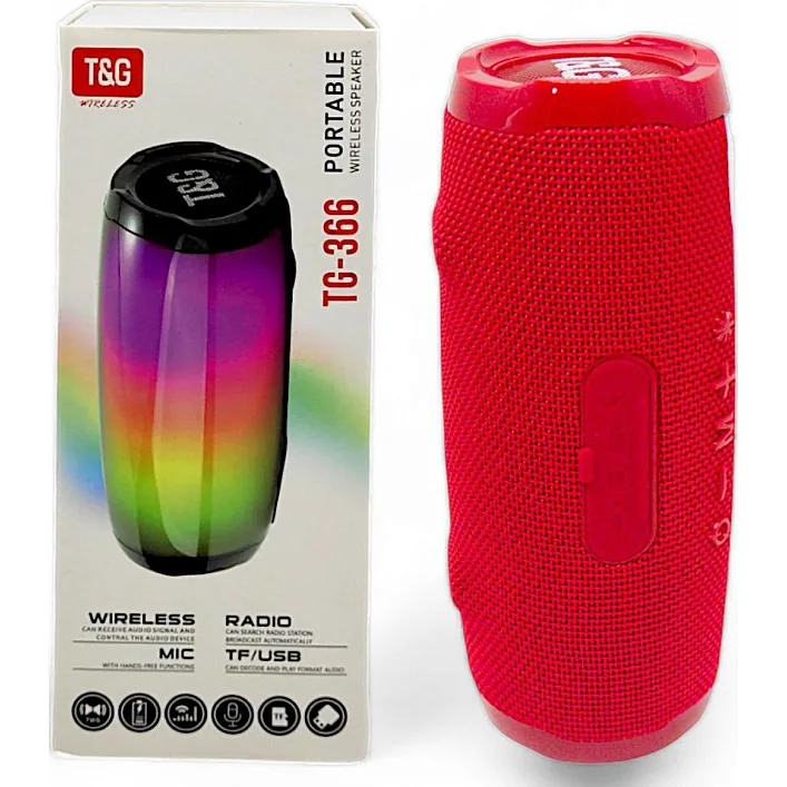 Колонка bluetooth, от аккумулятора, подсветка, type-C, TF-карта, usb-слот, AUX-разъем (красная)