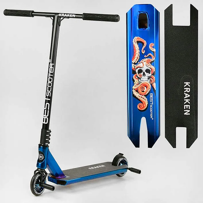 Самокат трюковый KR-71078 Best Scooter (4) "Kraken" HIC-система, ПЕГИ, алюминиевый диск и дека, АНОДИРОВАННЫЙ, колёса PU 110мм, ширина руля 58 см