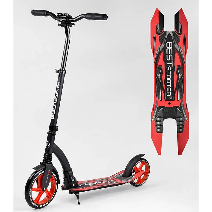 Самокат двухколесный Best Scooter 40860 (4) колеса PU - переднее 23 см, заднее - 20 см, 1 амортизатор, широкий руль, зажим руля, в коробке