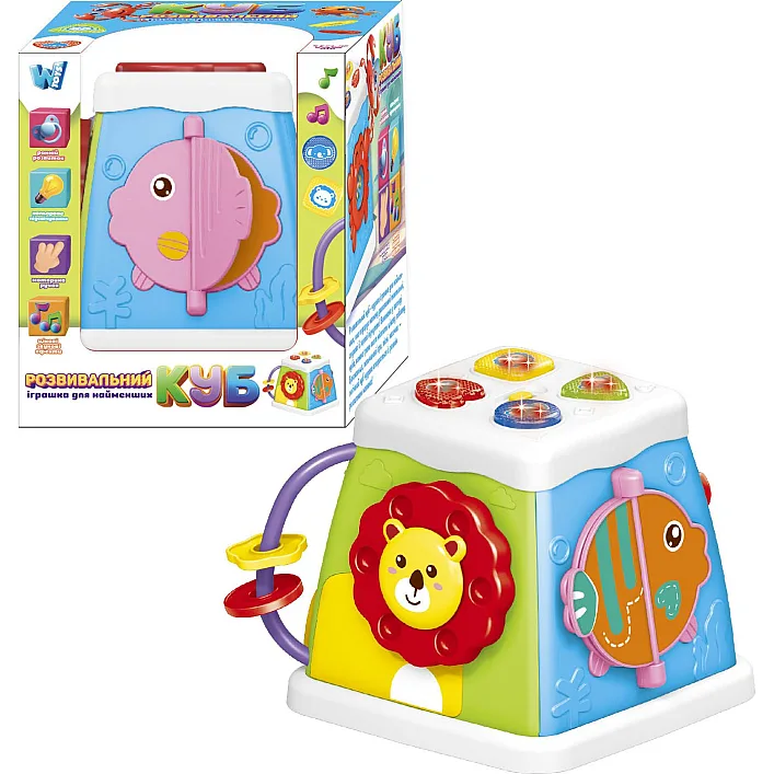 Музичний мультибокс 38955 (72/2) "WToys", ОЗВУЧУВАННЯ УКРАЇНСЬКОЮ МОВОЮ, пісеньки, казки, назви тварин, цікаві історії, підсвічування, пальчикові ігри, брязкальце, тріскачка, в коробці