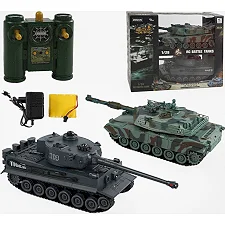 Танковое сражение на радиоуправлении 99823 (8/2) 2 танка, аккумуляторы 4.8 V, пульты 2.4 GMHz, звуки, подсветка, резиновые гусеницы, подвижная башня, в коробке