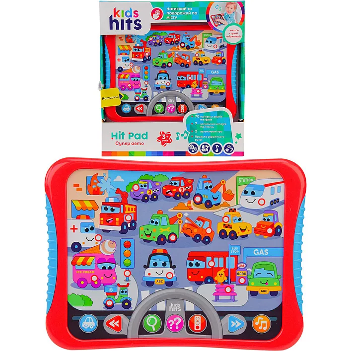Планшет Kids Hits KH01/008 "Супер авто" на батарейках, названия, звуки авто, правила дорожного движения, игра, запросы, р-р 23,8*17*2см, короб.25*27*4см (Муз6219)
