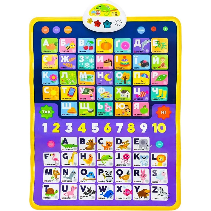 Плакат учебный "Азбука 2 в1" KH07/003 Kids Hits плакат украинский, английский алфавит+цифры 45*60см., в короб. 46,5*5*21.5см (Муз4216)
