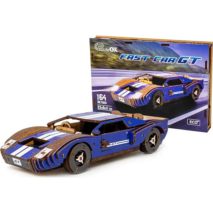 Деревянный 3D конструктор "Fast Car GT" Puz-26915 164 дет., синий, р. модели 23*6*11 см PuzzleOk (Дер6915)