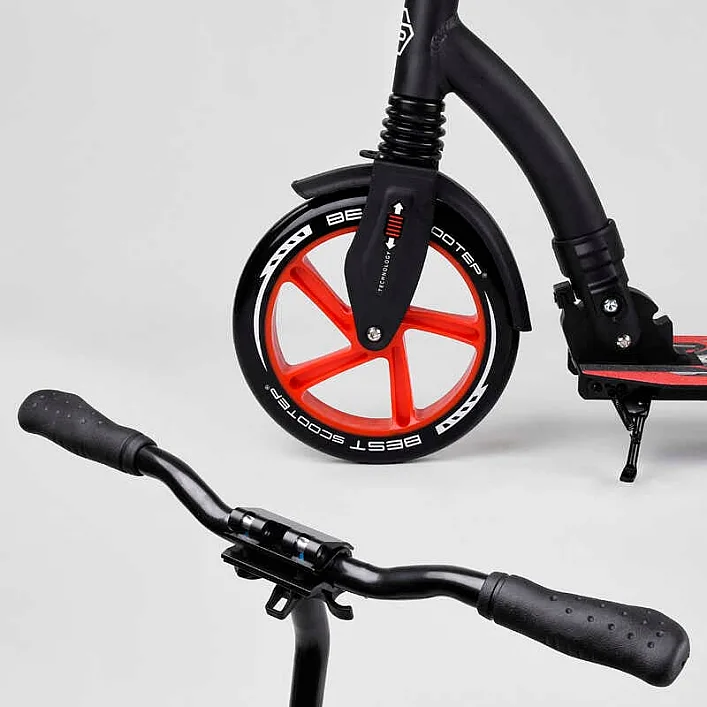 Самокат двухколесный Best Scooter 40860 (4) колеса PU - переднее 23 см, заднее - 20 см, 1 амортизатор, широкий руль, зажим руля, в коробке