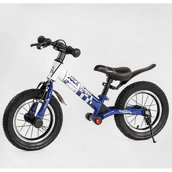 Велобег Corso "Skip Jack" 93307 (1) СИНЕ-БЕЛЫЙ, надувные колеса 12", стальная рама с амортизатором, ручной тормоз, подножка, в коробке