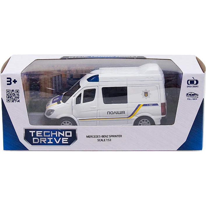 Автомодель - MERCEDES-BENZ SPRINTER ПОЛИЦИЯ 250294 в коробке TechnoDrive (Маш4113)