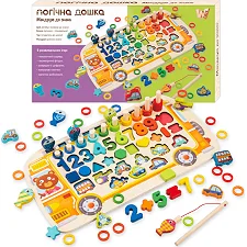 Дошка логічна 38512 (22) "WToys", "Автобус", дерев`яна, сортер, магнітна риболовля, цифри, знаки, фігури, транспорт, кілочки, кільця, в коробці