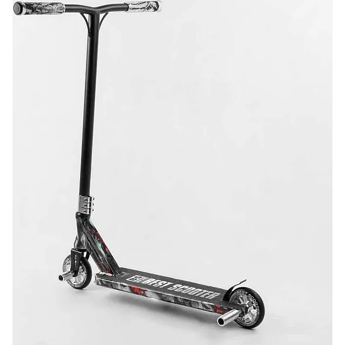 Самокат трюковый Best Scooter BS-77101 (4) HIC-система, ПЕГИ, алюминиевый диск и дека с ПРИНТОМ, колёса PU, d=110мм, ширина руля - 60 см, в коробке