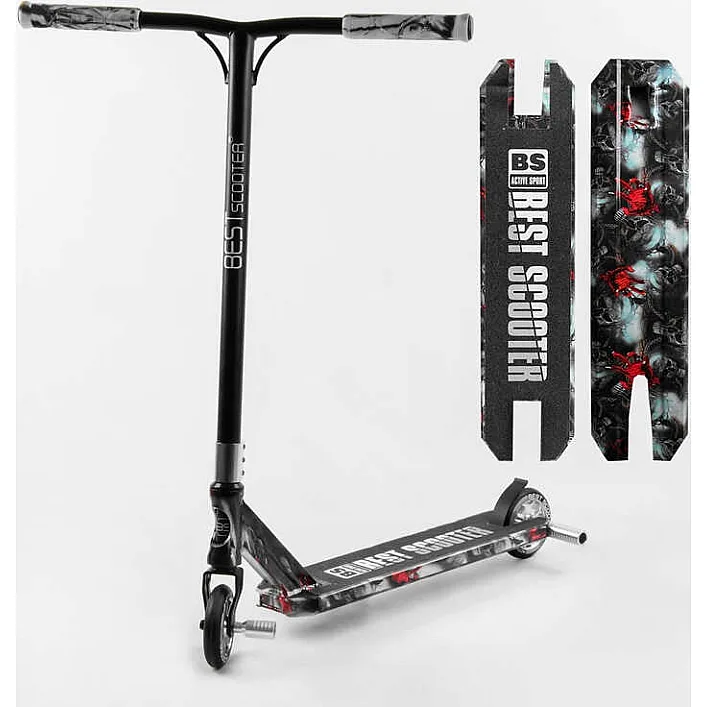 Самокат трюковый Best Scooter BS-77101 (4) HIC-система, ПЕГИ, алюминиевый диск и дека с ПРИНТОМ, колёса PU, d=110мм, ширина руля - 60 см, в коробке