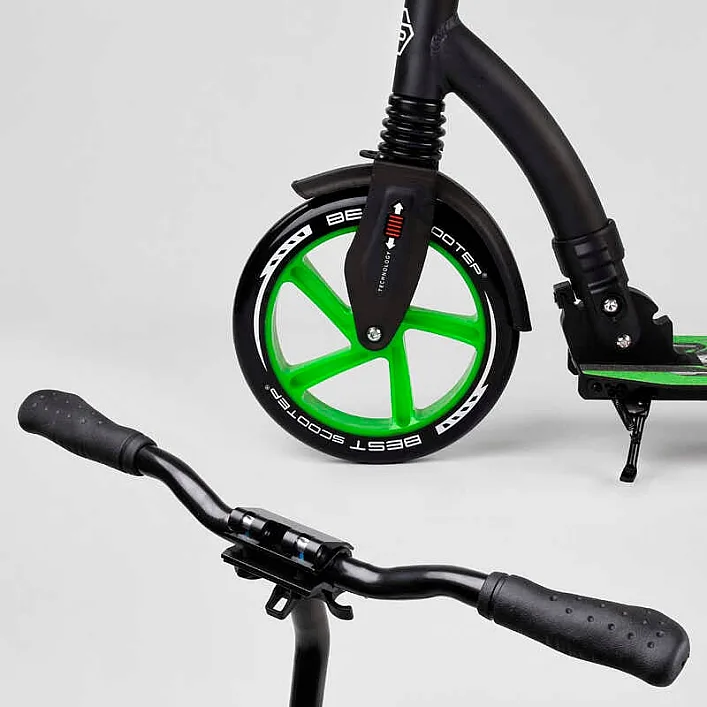 Самокат двухколесный Best Scooter 52266 (4) колеса PU - переднее 23 см, заднее - 20 см, 1 амортизатор, широкий руль, зажим руля, в коробке