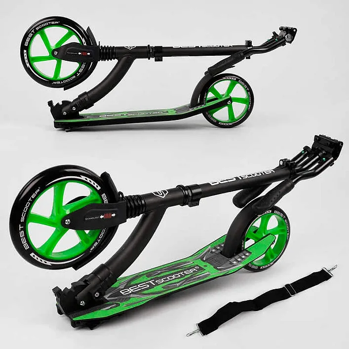 Самокат двухколесный Best Scooter 52266 (4) колеса PU - переднее 23 см, заднее - 20 см, 1 амортизатор, широкий руль, зажим руля, в коробке