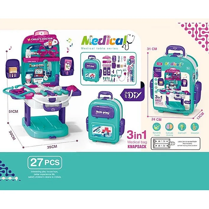 Набір лікаря T 2158-1 (24/2) медичний столик, озвуч. англійською мовою, набір інструментів, стетоскоп, термометр, шприц, ножиці, на батарейках, підсвітка, музика, пісні, у валізі