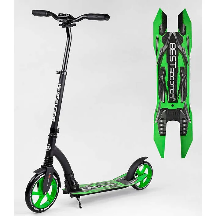 Самокат двухколесный Best Scooter 52266 (4) колеса PU - переднее 23 см, заднее - 20 см, 1 амортизатор, широкий руль, зажим руля, в коробке