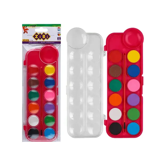 Акварель Zibi 12 цветов, пласт./кор., с кисточкой, розовая, KIDSLine ZB.6559-10 (Кнц5910)