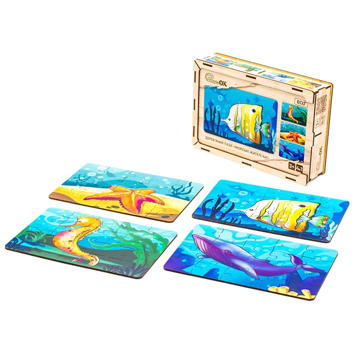 Деревянный пазл 4 в 1 "Морские жители" 15 элем. в рисунке PuzzleOK (Дер9653)