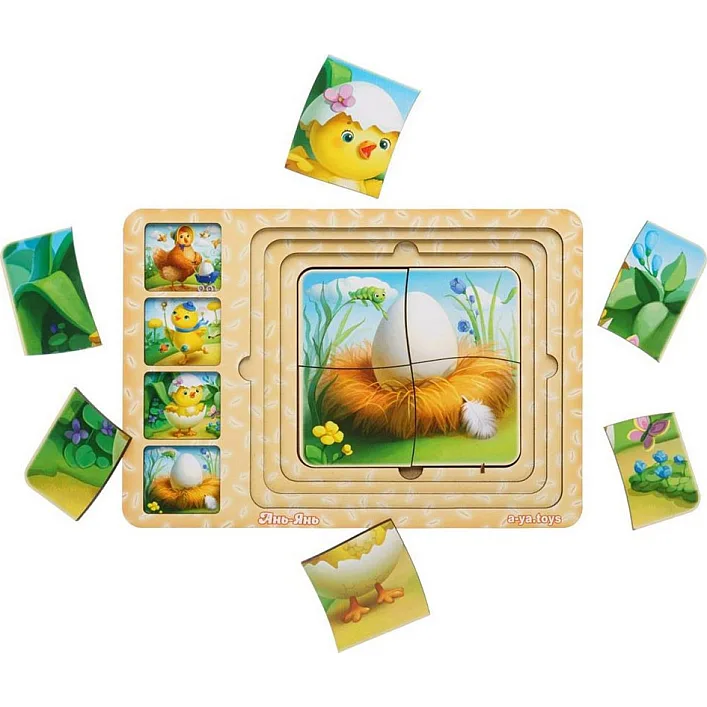 Деревянная настольная игра "Этапы развития курочки" Ubumblebees (ПСФ018) PSF018 сортер-пазл
