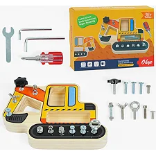 Деревянная игра C 35584 (32) бизиборд, экскаватор, болтики, отвертка, ключик, шестигранник, в коробке