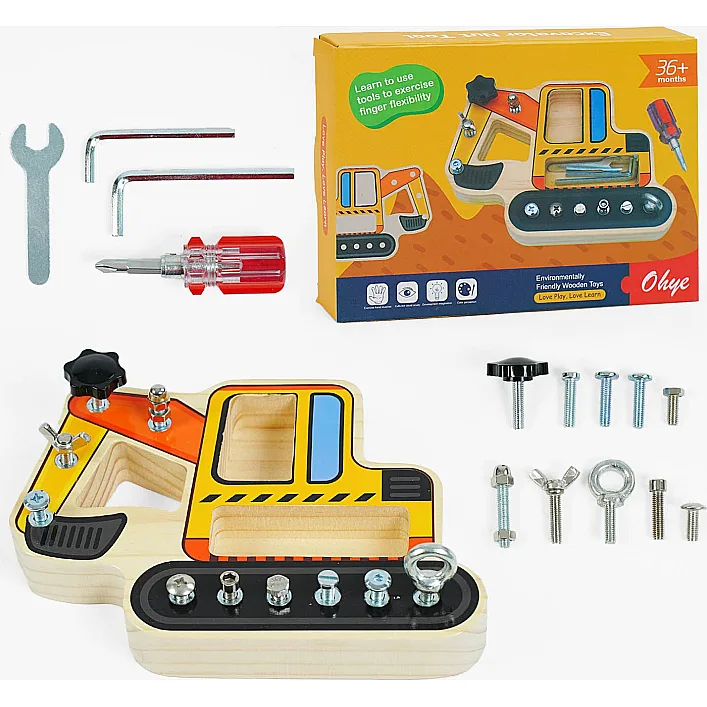 Деревянная игра C 35584 (32) бизиборд, экскаватор, болтики, отвертка, ключик, шестигранник, в коробке