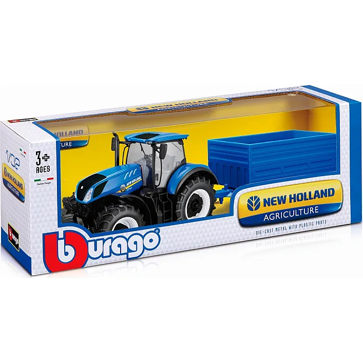 Автомодель BBURAGO серии Farm - ТРАКТОР NEW HOLLAND с прицепом 18-44067 (Маш0672)
