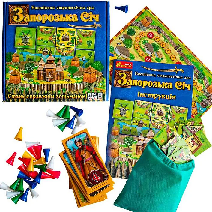 гр Настільна гра "Запорізька Січ" 12120089У (10) "Ранок", 96 тайлів землі, 40 фішок-воїнів, 40 тайлів-персонажів, поле для підрахунку балів, правила, в коробці