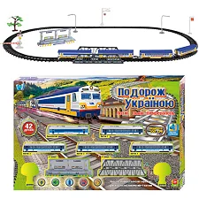 Залізниця 11500 (24) "WToys", ОЗВУЧУВАННЯ УКР. МОВОЮ, 42 деталі, звуки, пісня, озвучені репліки, локомотив, 4 вагони, муляжі оточення, в коробці