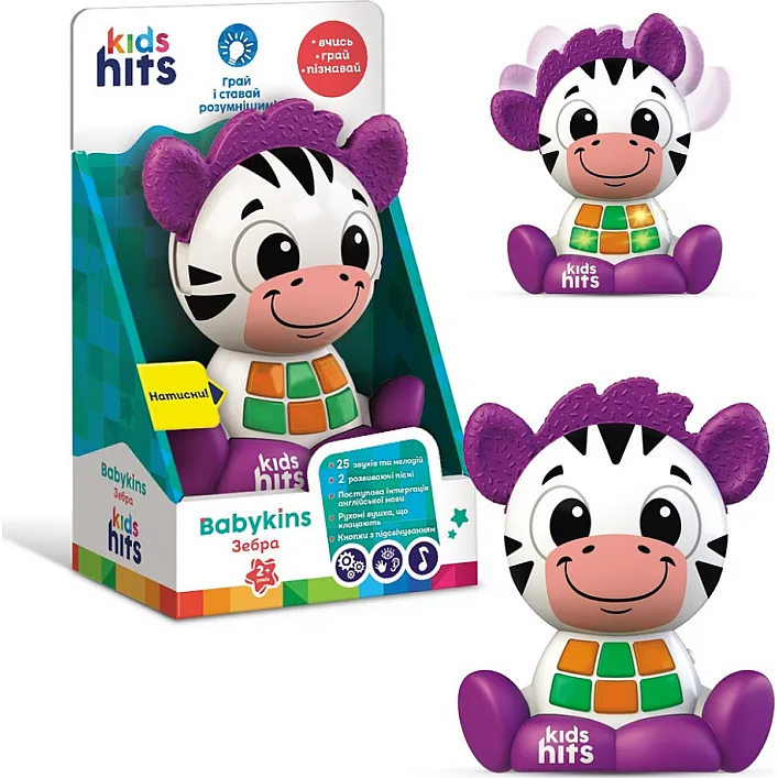 Музыкальная развивающая игрушка Очаровательные зверьки Kids Hits KH10/004 "Зебра", батар., уши щелкают, двигаются, светло, мелодии, фразы, коробка 13.2*21*8 см (Муз1040)